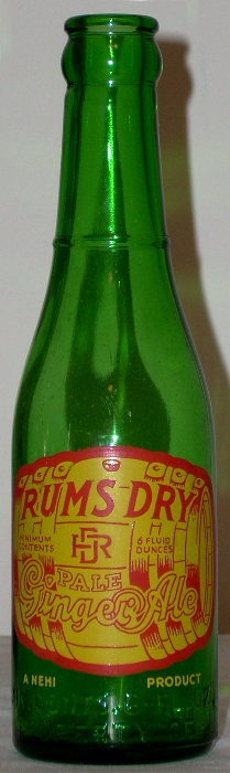 FULL 6oz RUMS DRY GINGER ALE GREEN GLASS ACL SODA BOTTLE NEHI BOTTLING COMPANY 